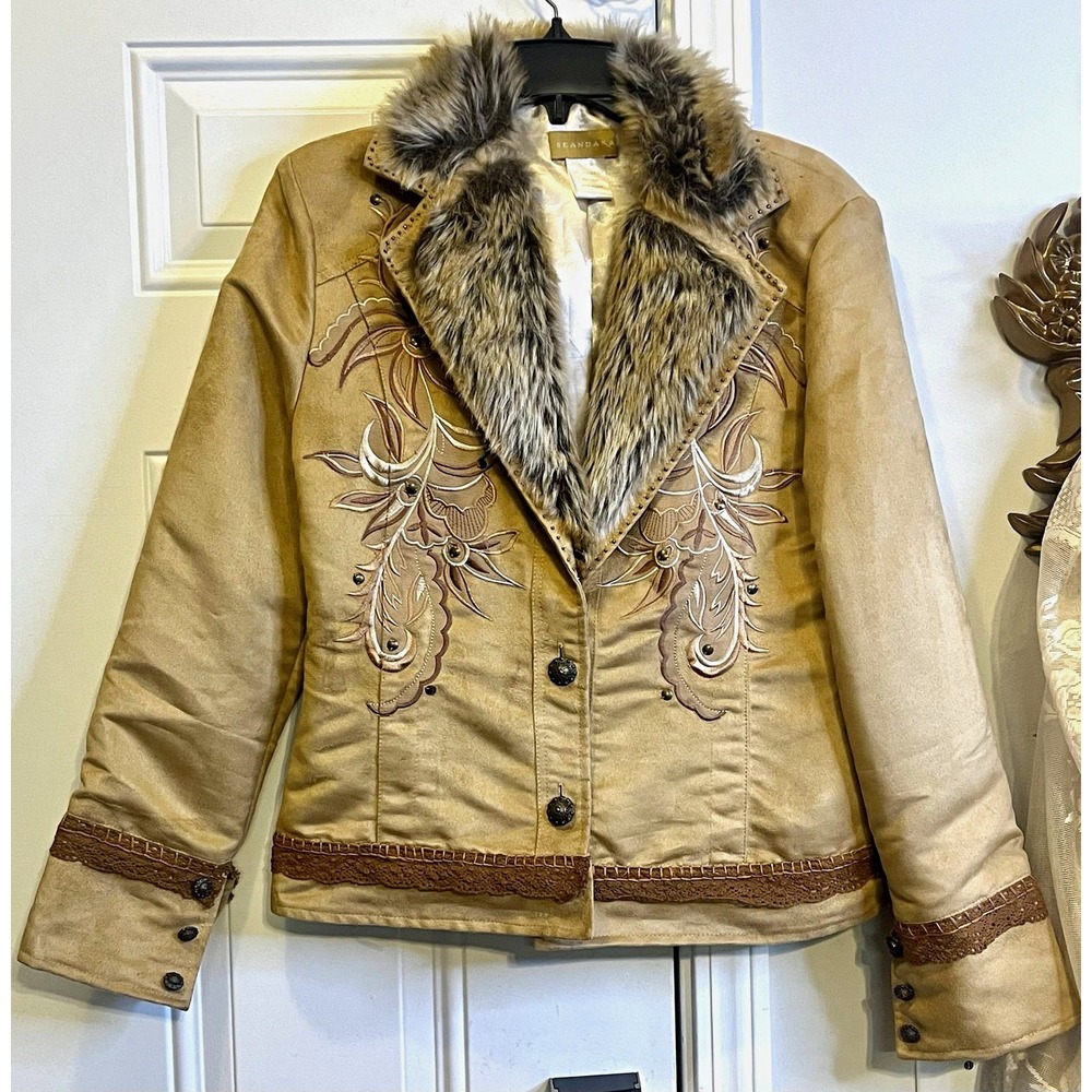 VTG Y2K Western Boho Seandara Faux Suede Fur Collar Embroidered Jacket Coat Sz M